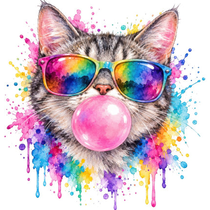 Cat Wearing Sunglasses & Chewing Gum 100% Cotton Fabric Panel Block AAB2042