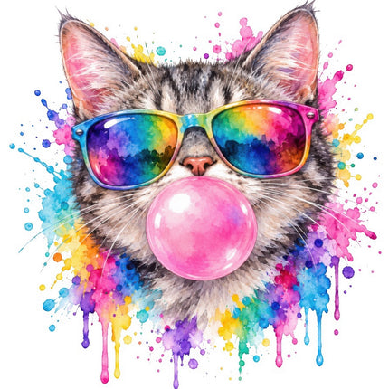 Cat Wearing Sunglasses & Chewing Gum 100% Cotton Fabric Panel Block FLIP-AAB2042