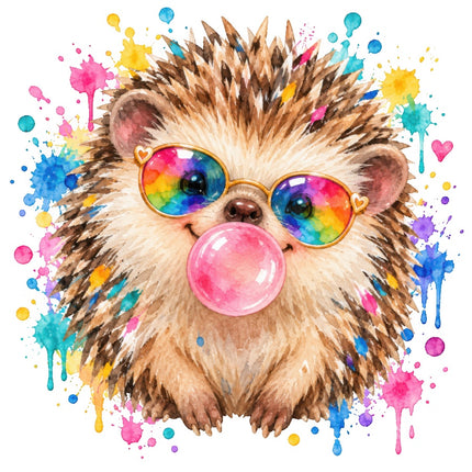 Hedgehog Wearing Sunglasses & Chewing Gum 100% Cotton Fabric Panel Block AAB2043