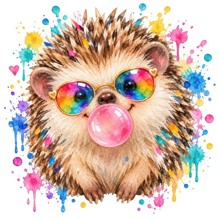Hedgehog Wearing Sunglasses & Chewing Gum 100% Cotton Fabric Panel Block FLIP-AAB2043