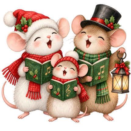 Christmas Caroling Mice 100% Cotton Fabric Panel Block Quilt Square AAB2055