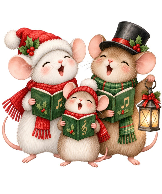 Christmas Caroling Mice 100% Cotton Fabric Panel Block Quilt Square AAB2055