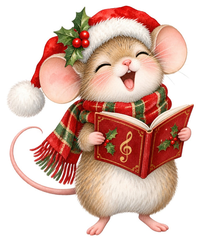 Christmas Caroling Mouse 100% Cotton Fabric Panel Block Quilt Square AAB2057