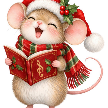 Christmas Caroling Mouse 100% Cotton Fabric Panel Block Quilt Square FLIP-AAB2057