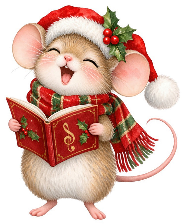 Christmas Caroling Mouse 100% Cotton Fabric Panel Block Quilt Square FLIP-AAB2057