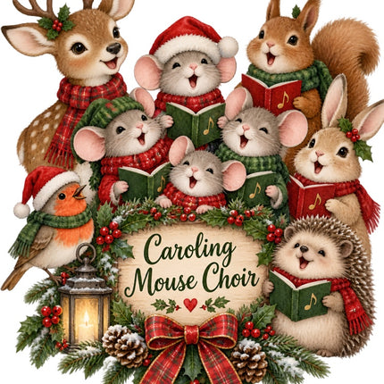 Mouse Caroling Choir 100% Cotton Fabric Panel Block Quilt Square AAB2058