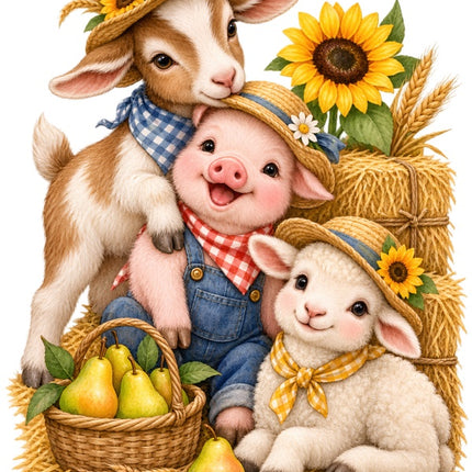 Autumn Farm Animals 100% Cotton Fabric Panel Block Quilt Square AAB2076