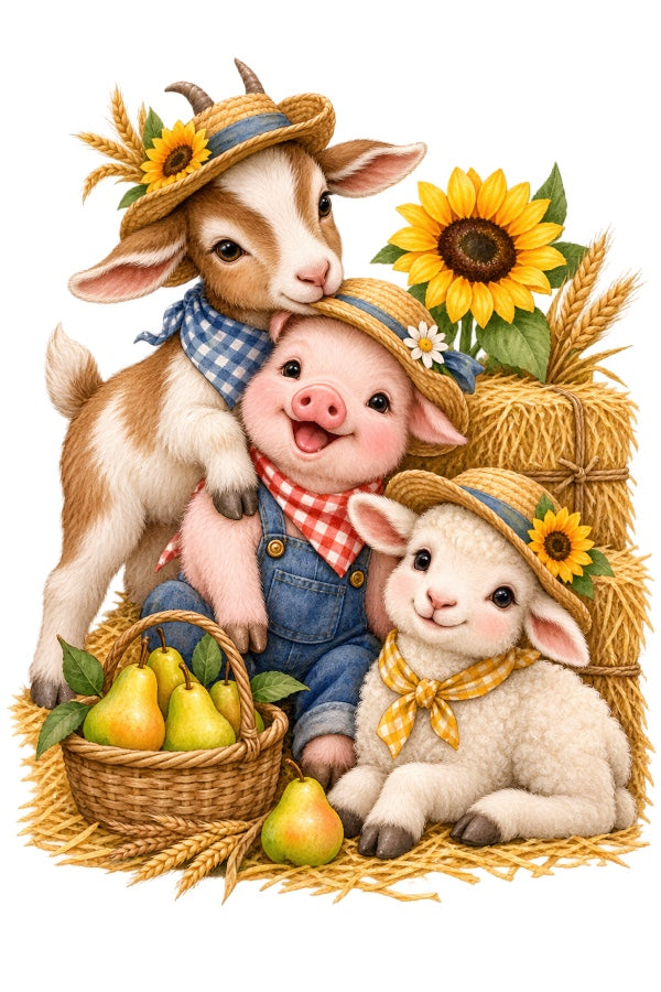 Autumn Farm Animals 100% Cotton Fabric Panel Block Quilt Square AAB2076