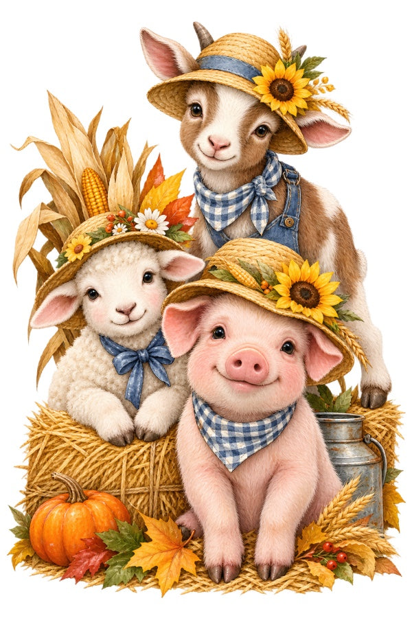 Autumn Farm Animals 100% Cotton Fabric Panel Block Quilt Square AAB2077