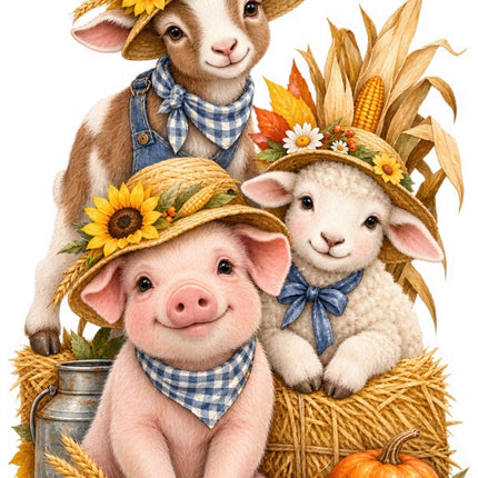 Autumn Farm Animals 100% Cotton Fabric Panel Block Quilt Square FLIP-AAB2077