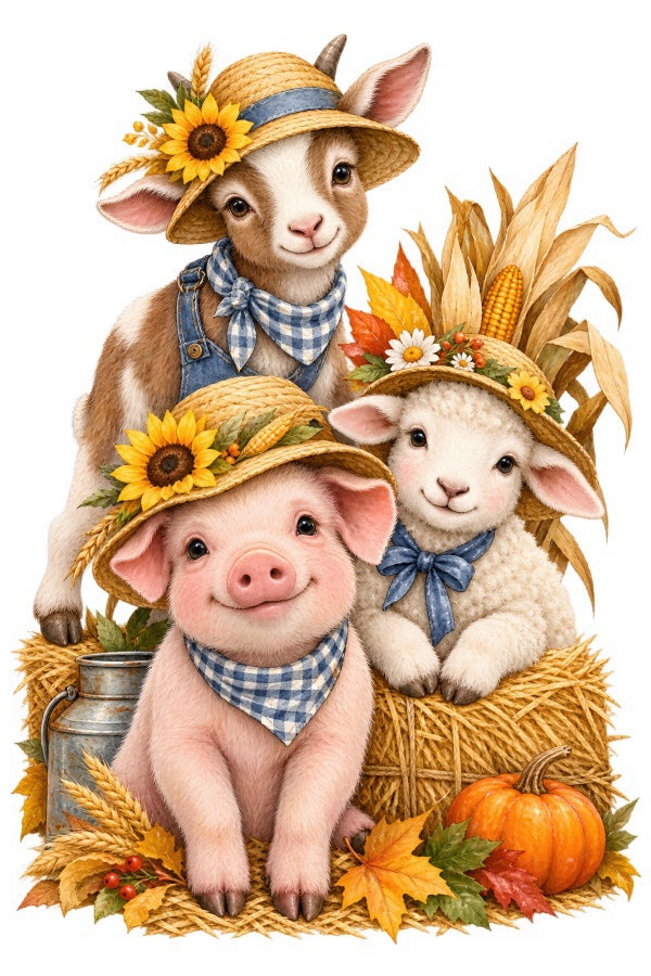 Autumn Farm Animals 100% Cotton Fabric Panel Block Quilt Square FLIP-AAB2077