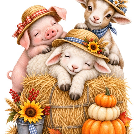 Autumn Farm Animals 100% Cotton Fabric Panel Block Quilt Square AAB2079