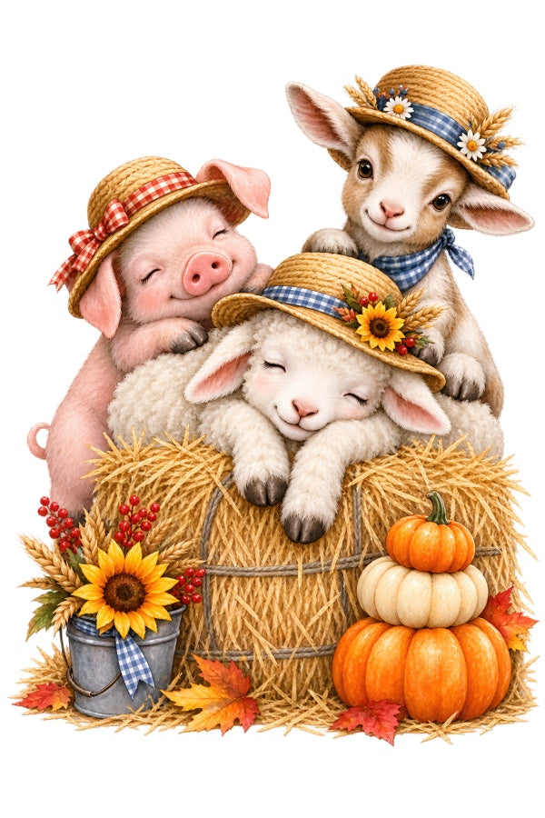 Autumn Farm Animals 100% Cotton Fabric Panel Block Quilt Square AAB2079