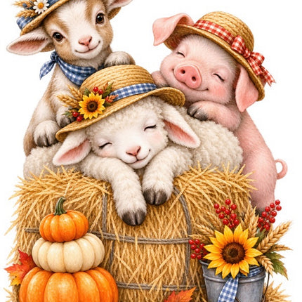 Autumn Farm Animals 100% Cotton Fabric Panel Block Quilt Square FLIP-AAB2079