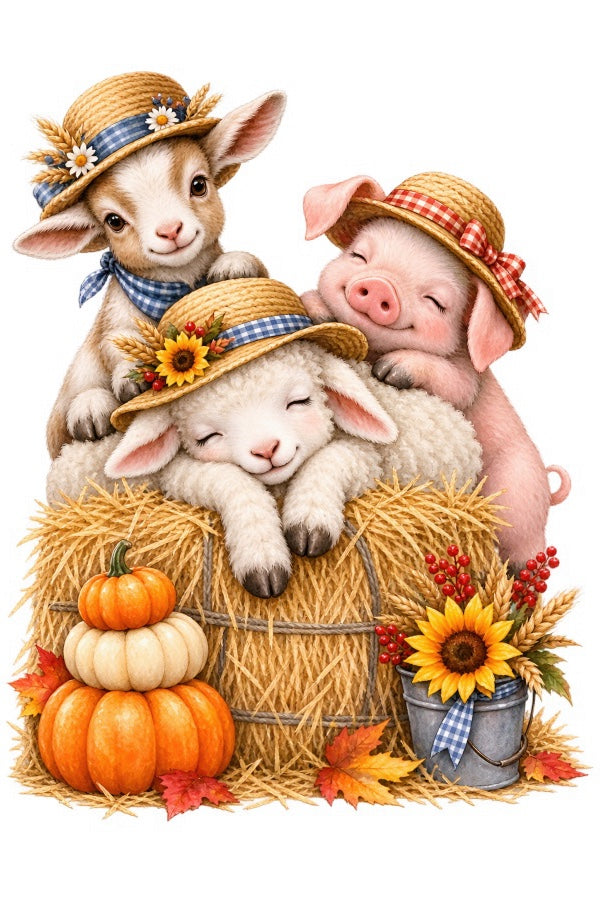 Autumn Farm Animals 100% Cotton Fabric Panel Block Quilt Square FLIP-AAB2079