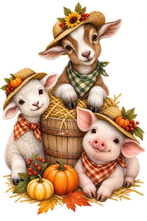 Autumn Farm Animals 100% Cotton Fabric Panel Block Quilt Square FLIP-AAB2081