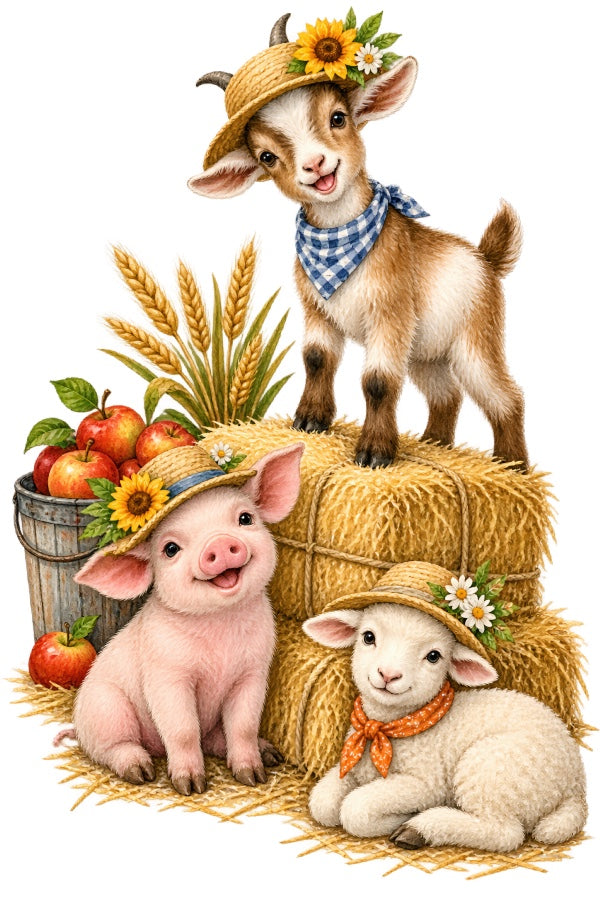 Autumn Farm Animals 100% Cotton Fabric Panel Block Quilt Square AAB2082