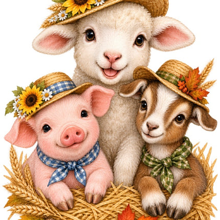 Autumn Farm Animals 100% Cotton Fabric Panel Block Quilt Square AAB2083