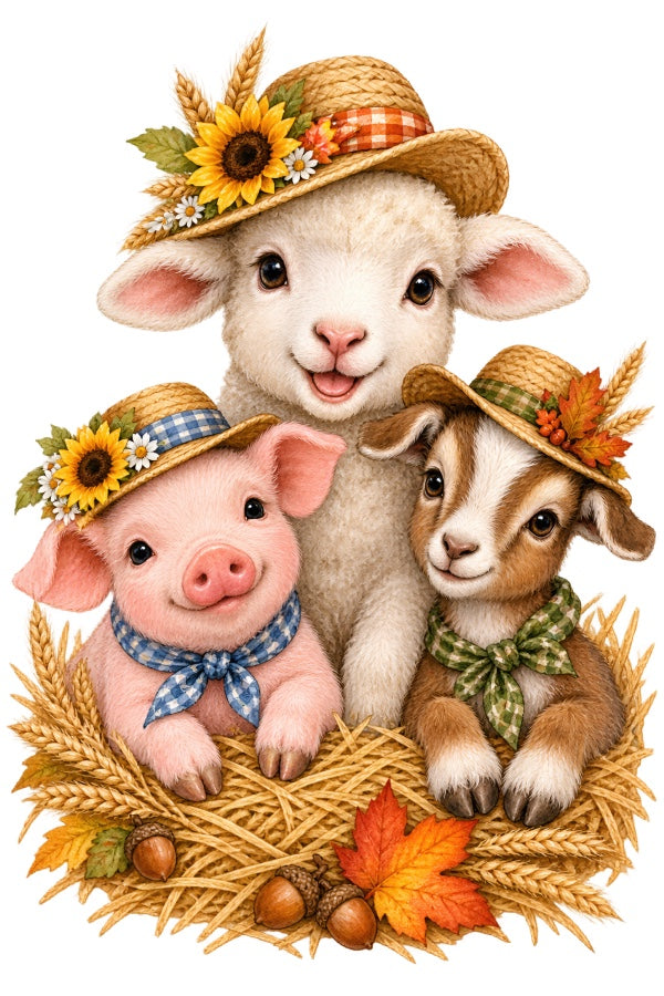 Autumn Farm Animals 100% Cotton Fabric Panel Block Quilt Square AAB2083
