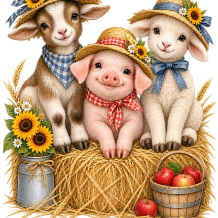 Autumn Farm Animals 100% Cotton Fabric Panel Block Quilt Square AAB2084