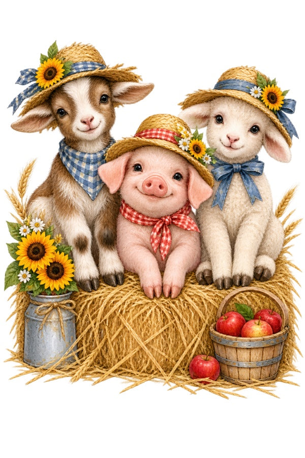 Autumn Farm Animals 100% Cotton Fabric Panel Block Quilt Square AAB2084