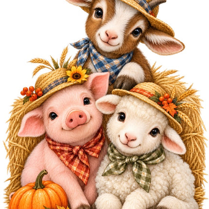 Autumn Farm Animals 100% Cotton Fabric Panel Block Quilt Square AAB2085