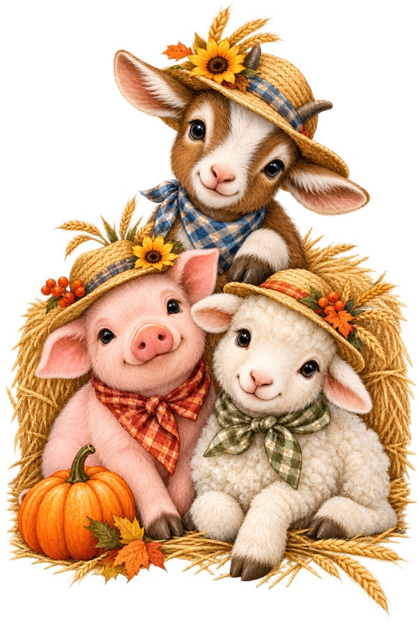 Autumn Farm Animals 100% Cotton Fabric Panel Block Quilt Square AAB2085