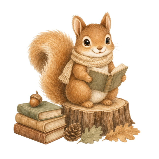 Squirrel Reading 100% Cotton Fabric Panel Block Quilt Square AAB251