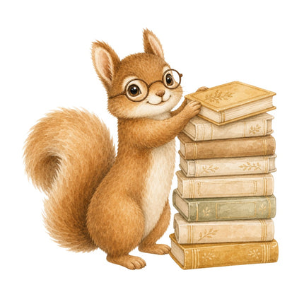 Squirrel With Books 100% Cotton Fabric Panel Block Quilt Square AAB258