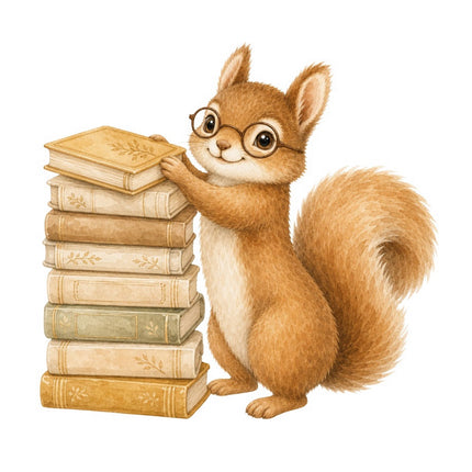 squirrel with books fabric panel