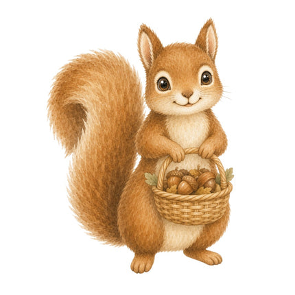 Squirrel Holding Basket 100% Cotton Fabric Panel Block Quilt Square AAB271