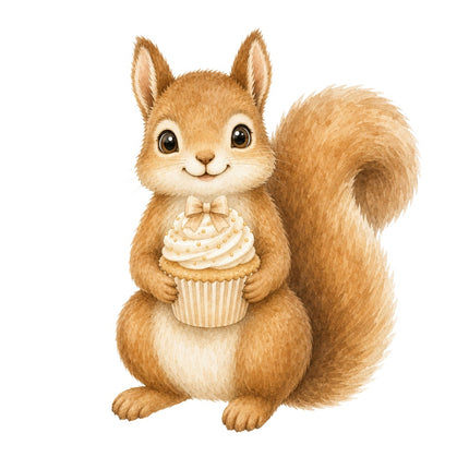 Squirrel With Cupcake 100% Cotton Fabric Panel Block Quilt Square AAB279