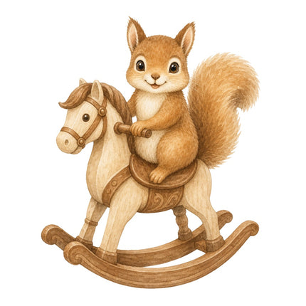 Squirrel on Rocking Horse 100% Cotton Fabric Panel Block Quilt Square AAB281