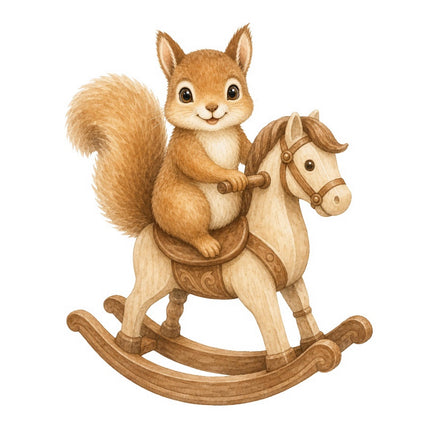 Squirrel on Rocking Horse 100% Cotton Fabric Panel Block FLIP-AAB281
