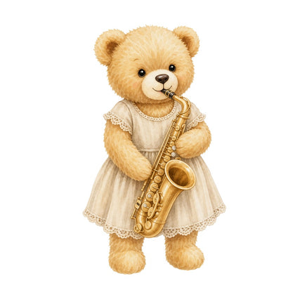 Saxophone Girl Teddy Bear 100% Cotton Fabric Panel Block AAB286