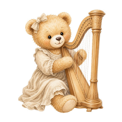 Harp Girl Teddy Bear 100% Cotton Fabric Panel Block Quilt Square AAB288