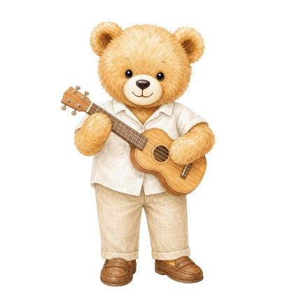 Ukulele Teddy Bear 100% Cotton Fabric Panel Block FLIP-AAB291