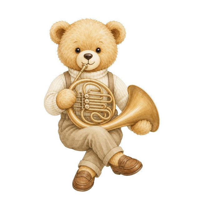 French Horn Teddy Bear 100% Cotton Fabric Panel Block FLIP-AAB294
