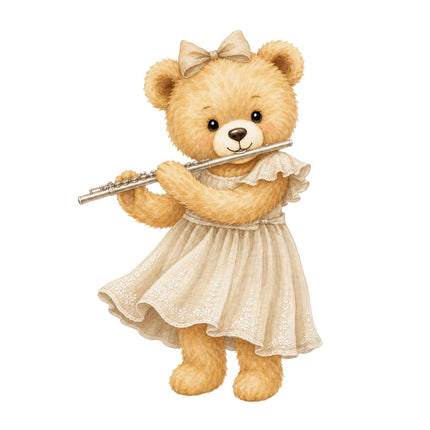flute playing teddy bear fabric panel