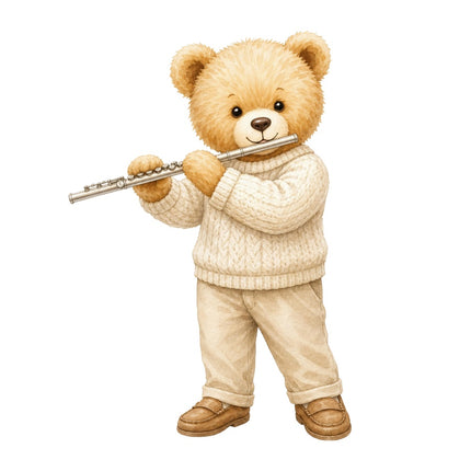 flute playing teddy bear fabric panel