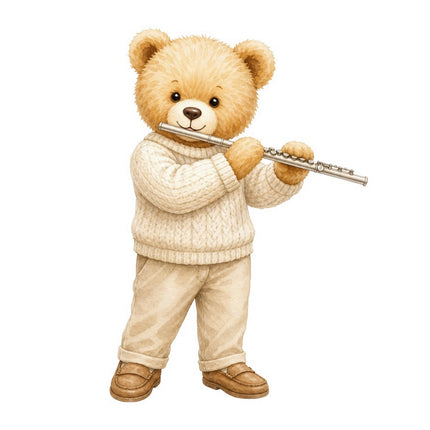 Flute Teddy Bear 100% Cotton Fabric Panel Block FLIP-AAB297