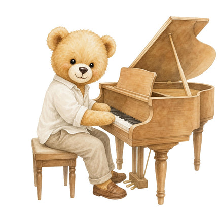 piano playing teddy bear fabric panel
