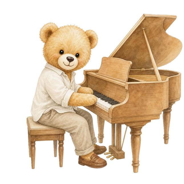 piano playing teddy bear fabric panel