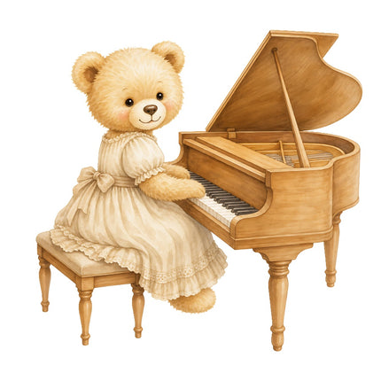 piano playing girl teddy bear fabric panel