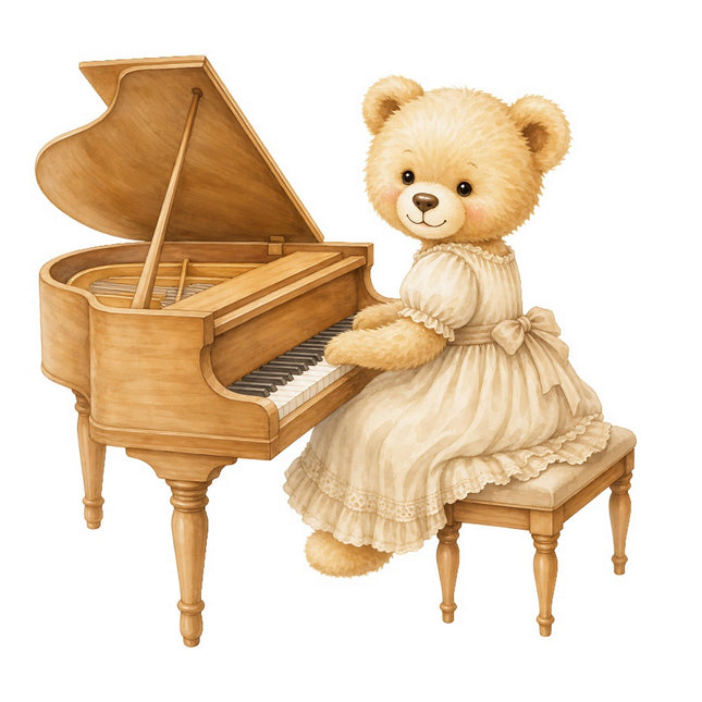 Piano Girl Teddy Bear 100% Cotton Fabric Panel Block FLIP-AAB302