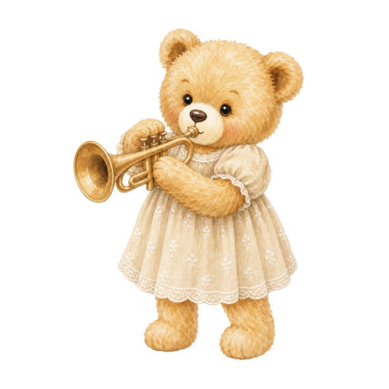 trumpet playing girl teddy bear fabric panel