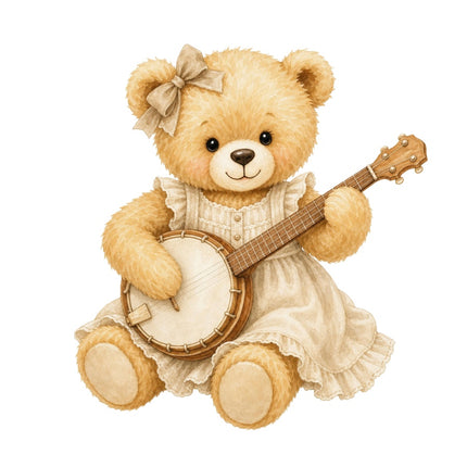 banjo playing girl teddy bear fabric panel