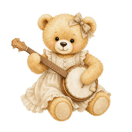 Banjo Teddy Bear 100% Cotton Fabric Panel Block FLIP-AAB305