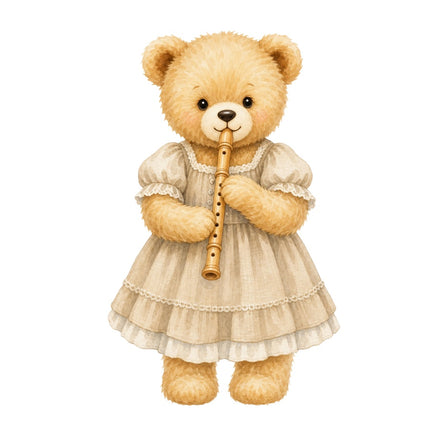 flute playing girl teddy bear fabric panel