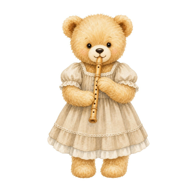flute playing girl teddy bear fabric panel